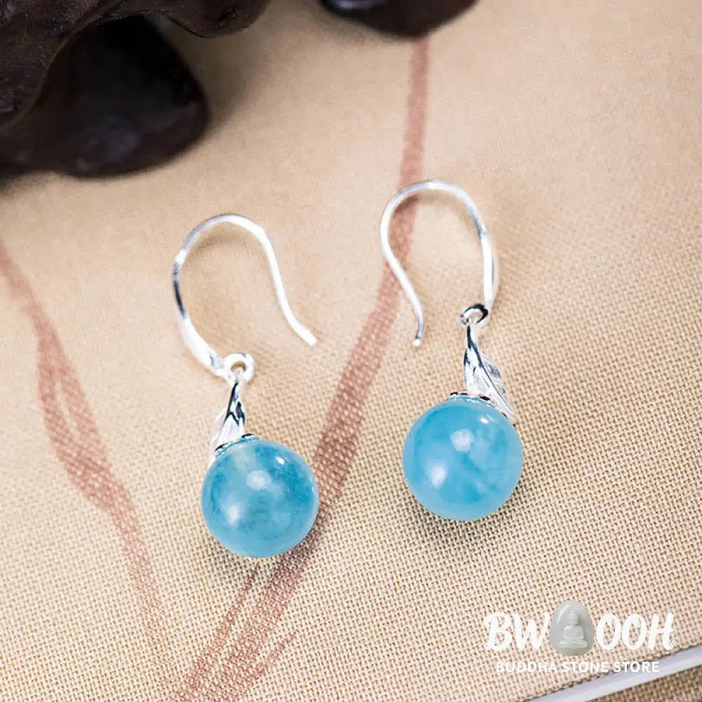 Buddha Stones 925 Sterling Silver Natural Aquamarine Leaf Flower Peace Earrings Necklace - BWOOOH - Earrings