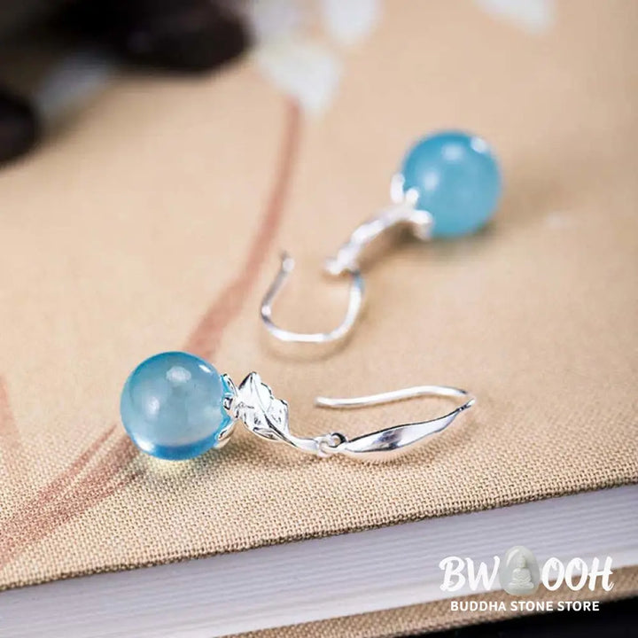 Buddha Stones 925 Sterling Silver Natural Aquamarine Leaf Flower Peace Earrings Necklace - BWOOOH - Earrings
