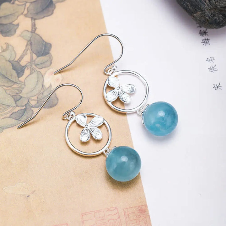 Buddha Stones 925 Sterling Silver Natural Aquamarine Leaf Flower Peace Earrings Necklace - BWOOOH - Aquamarine Flower