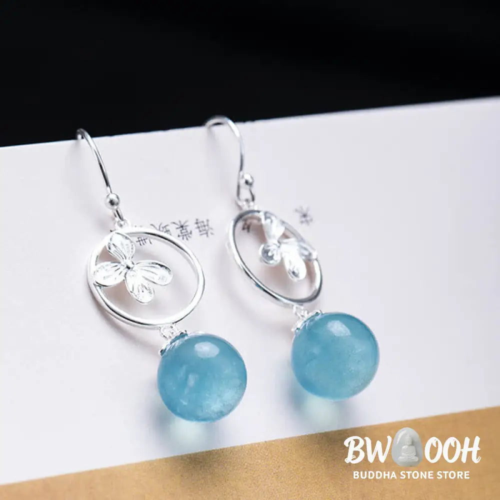 Buddha Stones 925 Sterling Silver Natural Aquamarine Leaf Flower Peace Earrings Necklace - BWOOOH - Earrings