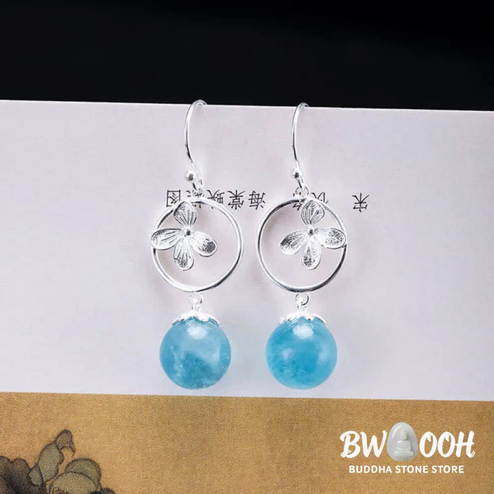 Buddha Stones 925 Sterling Silver Natural Aquamarine Leaf Flower Peace Earrings Necklace - BWOOOH - Earrings
