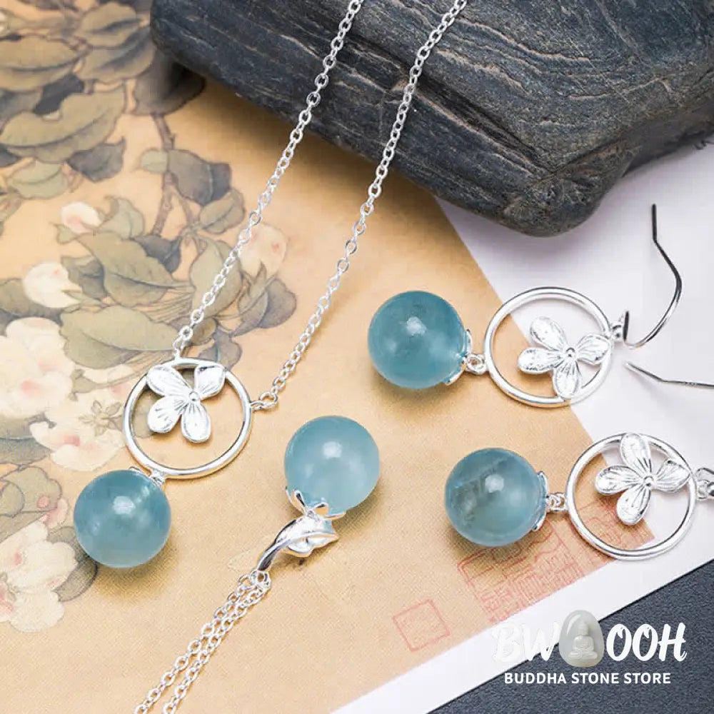 Buddha Stones 925 Sterling Silver Natural Aquamarine Leaf Flower Peace Earrings Necklace - BWOOOH - Earrings