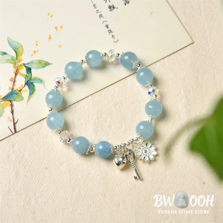 BWOOOH 925 Sterling Silver Natural Aquamarine Serenity Flower Love Key Charm Bracelet - Aquamarine&amp;925 Sterling