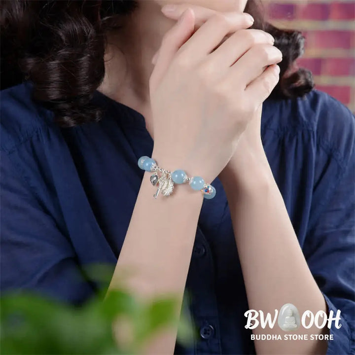 BWOOOH 925 Sterling Silver Natural Aquamarine Serenity Flower Love Key Charm Bracelet - Aquamarine&amp;925 Sterling