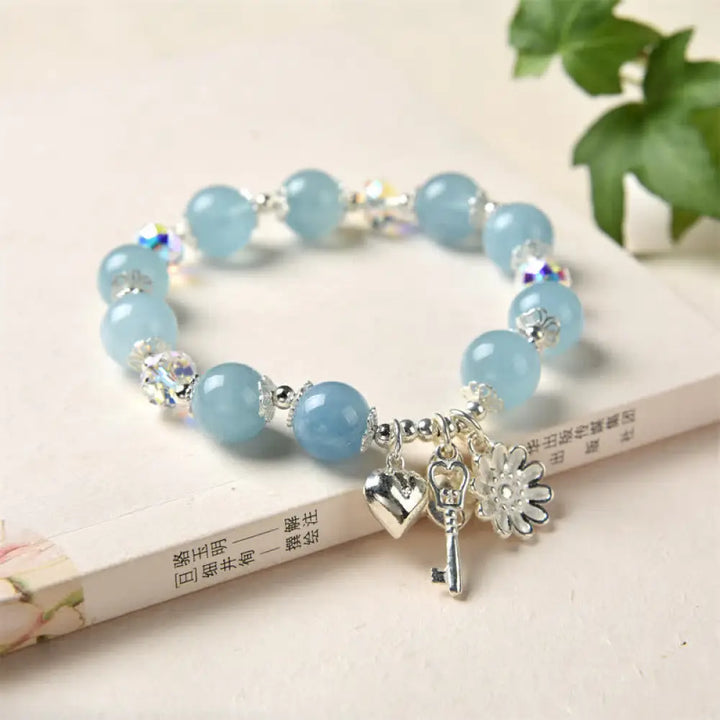 BWOOOH 925 Sterling Silver Natural Aquamarine Serenity Flower Love Key Charm Bracelet spiritual jewelry inspired by Drolma