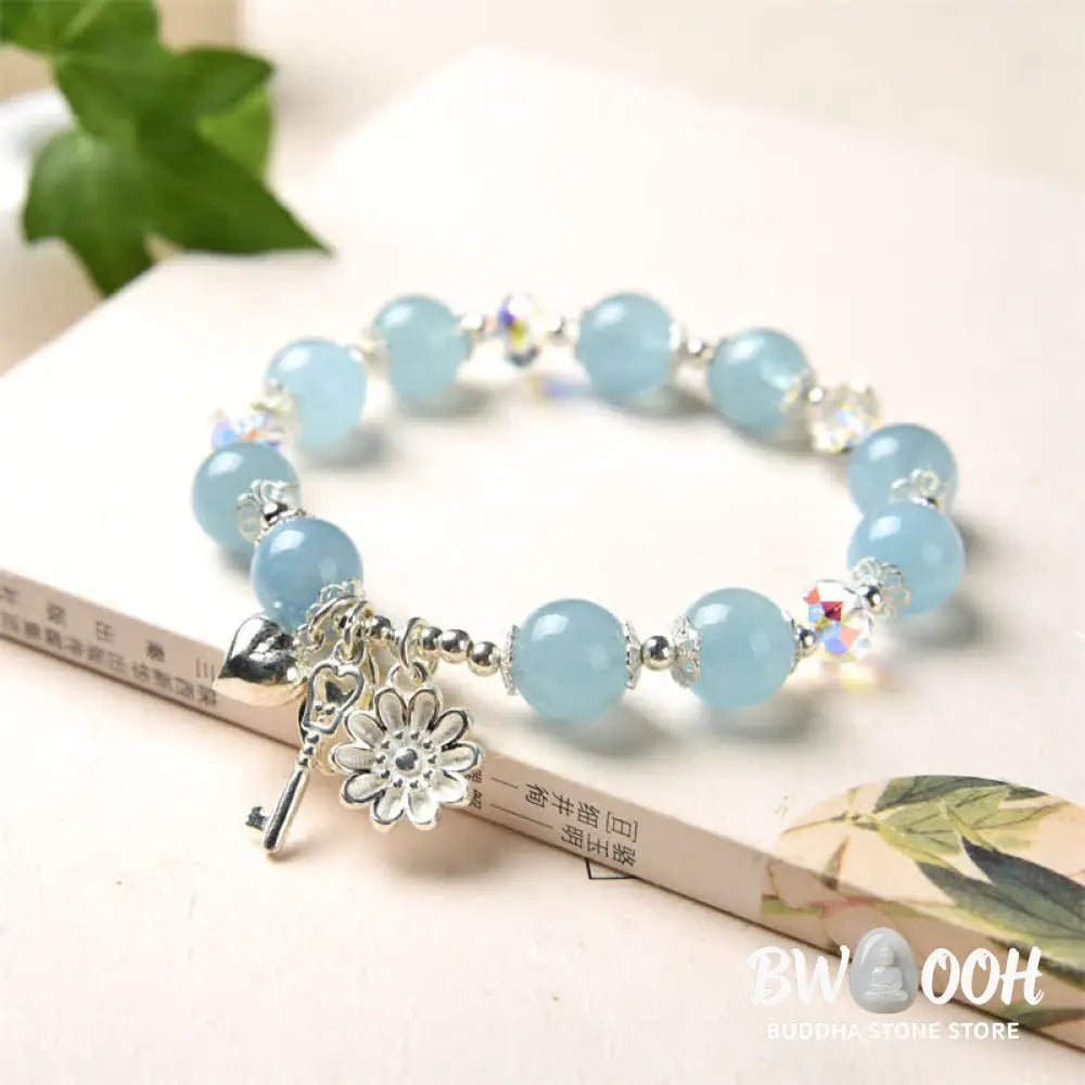 BWOOOH 925 Sterling Silver Natural Aquamarine Serenity Flower Love Key Charm Bracelet - Aquamarine&amp;925 Sterling