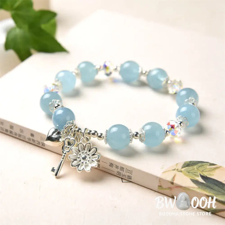 BWOOOH 925 Sterling Silver Natural Aquamarine Serenity Flower Love Key Charm Bracelet - Aquamarine&amp;925 Sterling