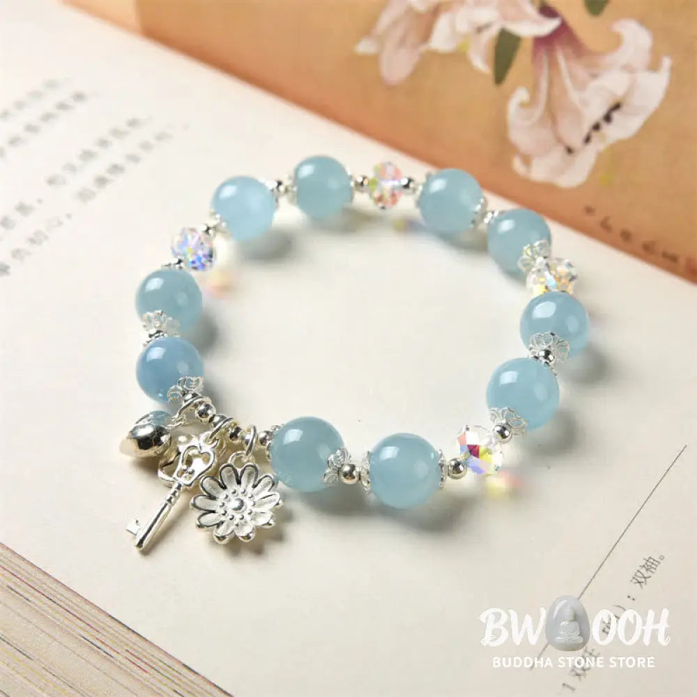 BWOOOH 925 Sterling Silver Natural Aquamarine Serenity Flower Love Key Charm Bracelet - Aquamarine&amp;925 Sterling