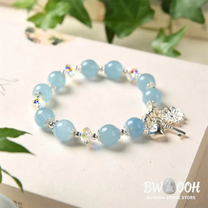 BWOOOH 925 Sterling Silver Natural Aquamarine Serenity Flower Love Key Charm Bracelet - Aquamarine&amp;925 Sterling