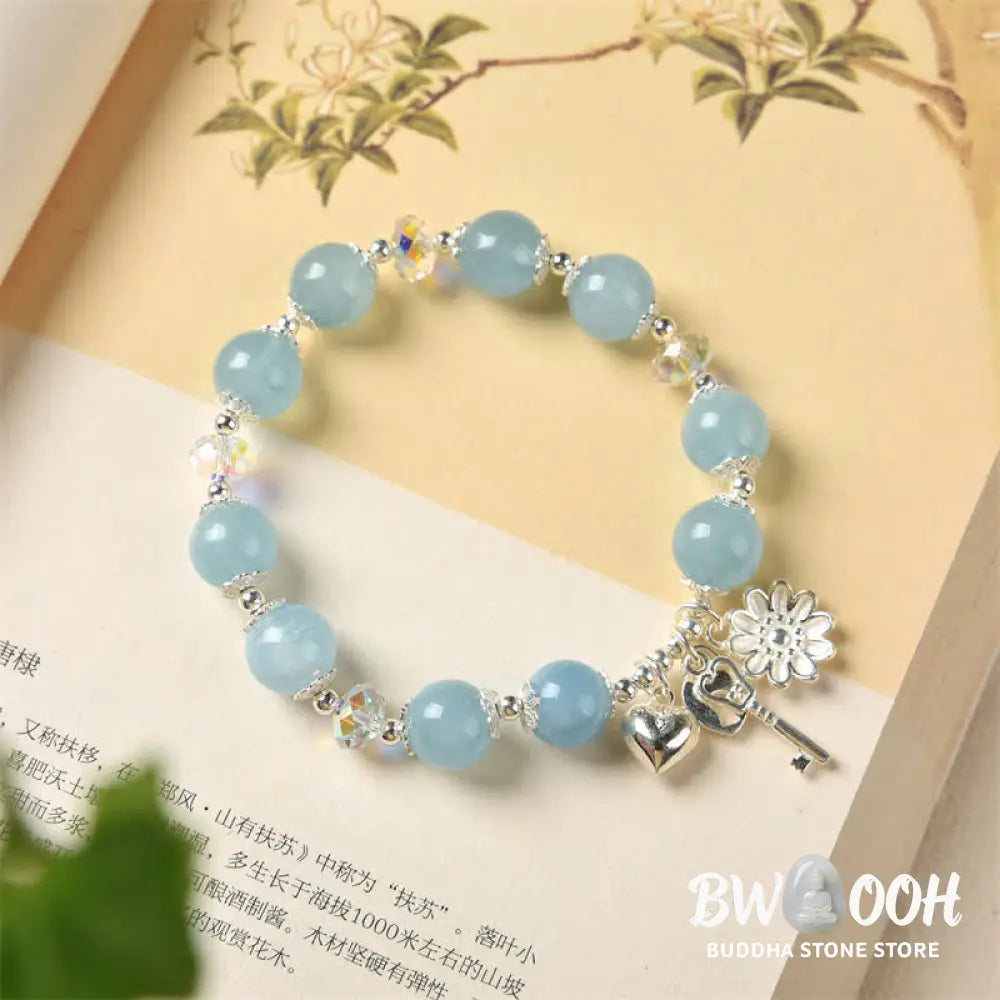 BWOOOH 925 Sterling Silver Natural Aquamarine Serenity Flower Love Key Charm Bracelet - Aquamarine&amp;925 Sterling