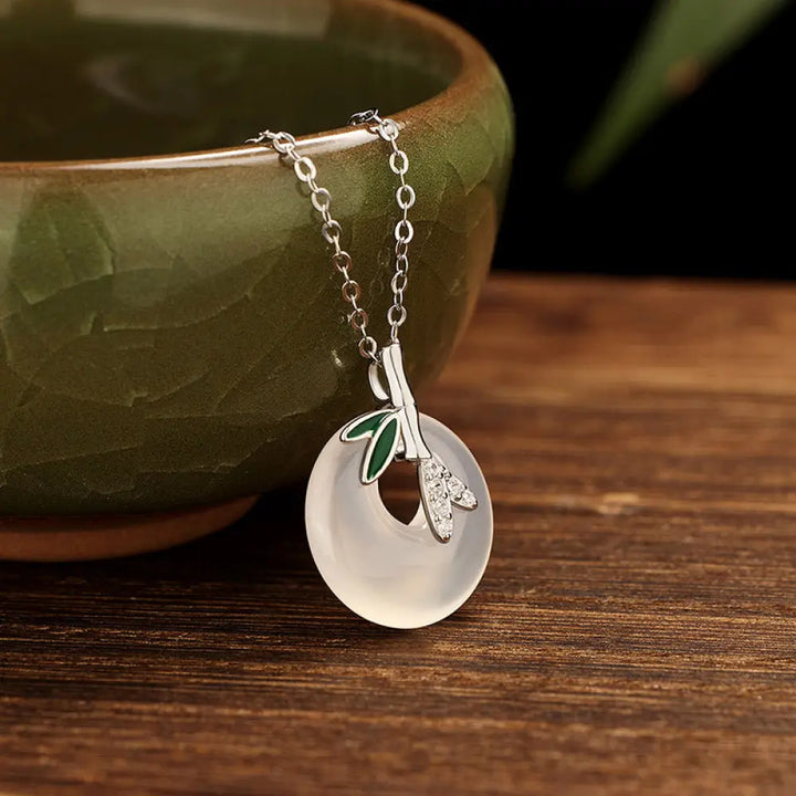 Buddha Stones 925 Sterling Silver Natural Chalcedony Bamboo Leaf Peace Buckle Positive Necklace Pendant - BWOOOH