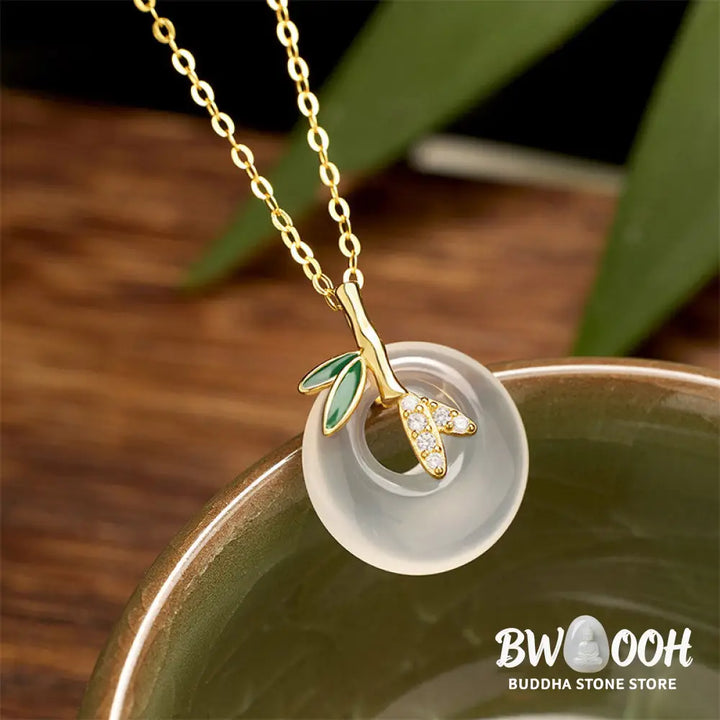 Buddha Stones 925 Sterling Silver Natural Chalcedony Bamboo Leaf Peace Buckle Positive Necklace Pendant - BWOOOH