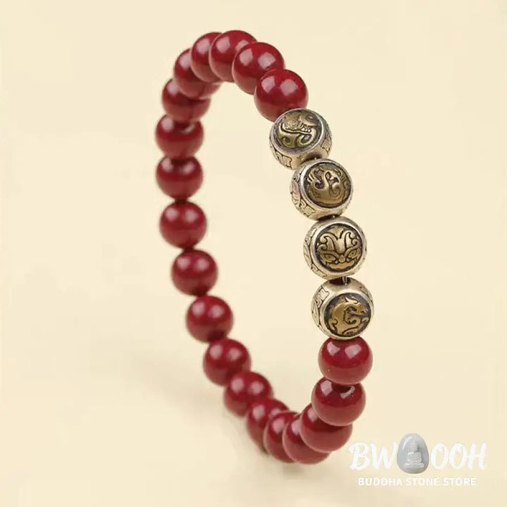 Buddha Stones 925 Sterling Silver Natural Cinnabar Four Beasts Blessing Bracelet - BWOOOH - Bracelet