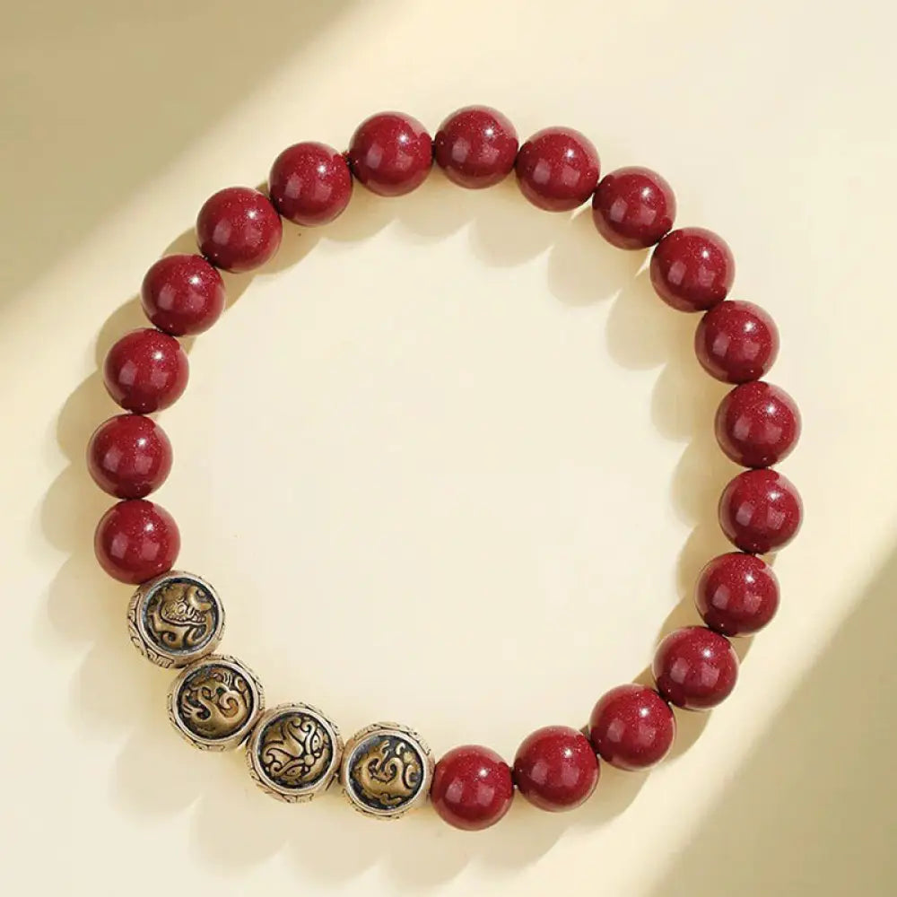 Buddha Stones 925 Sterling Silver Natural Cinnabar Four Beasts Blessing Bracelet - BWOOOH - 8mm / Four Beasts(Wrist