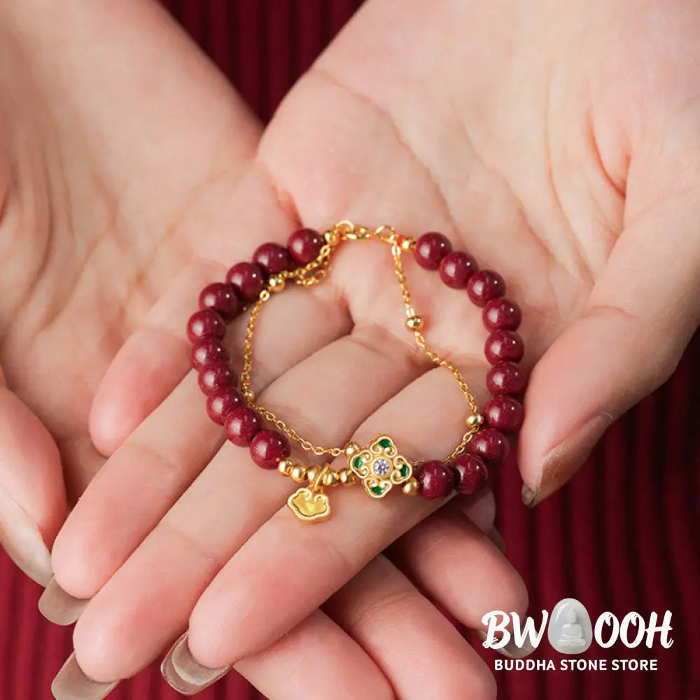 Buddha Stones 925 Sterling Silver Natural Cinnabar Four Leaf Clover Flower Blessing Chain Bracelet - BWOOOH - 14-15cm