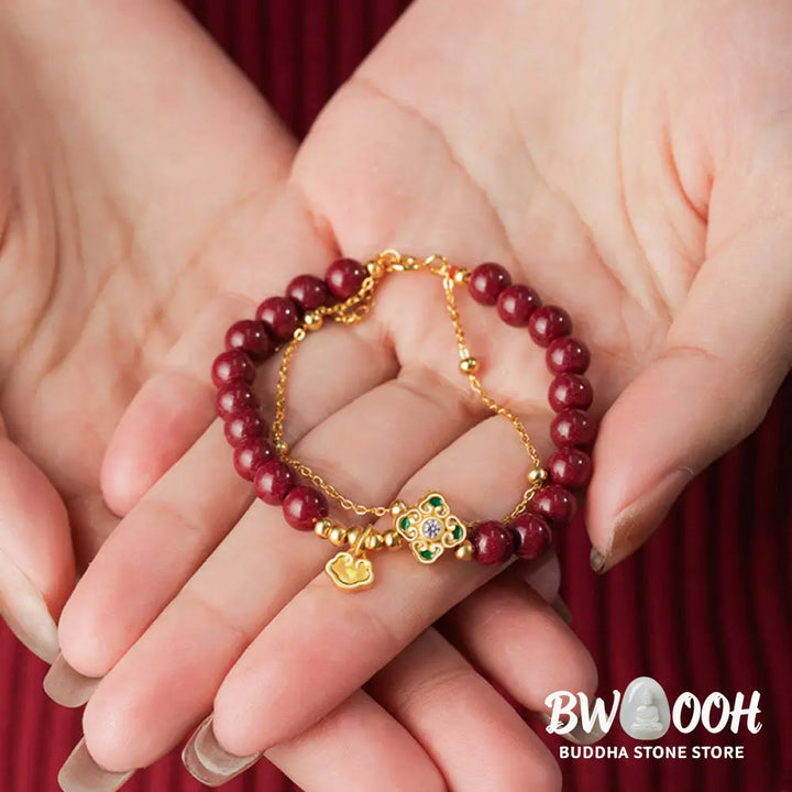 Buddha Stones 925 Sterling Silver Natural Cinnabar Four Leaf Clover Flower Blessing Chain Bracelet - BWOOOH - 14-15cm