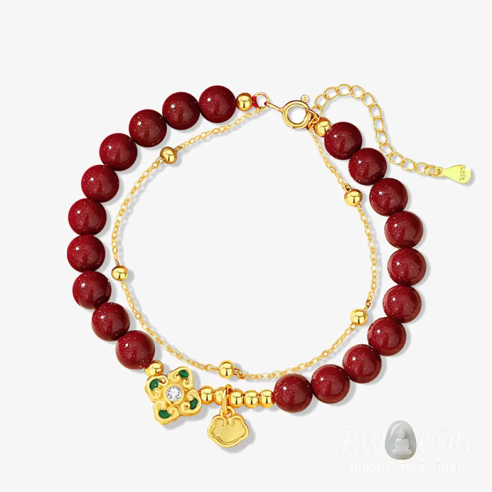 Buddha Stones 925 Sterling Silver Natural Cinnabar Four Leaf Clover Flower Blessing Chain Bracelet - BWOOOH - 14-15cm