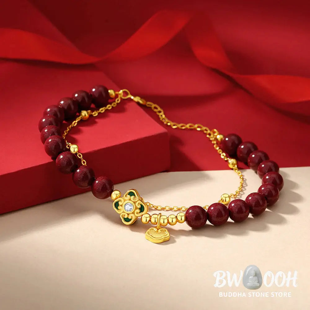 Buddha Stones 925 Sterling Silver Natural Cinnabar Four Leaf Clover Flower Blessing Chain Bracelet - BWOOOH - 14-15cm