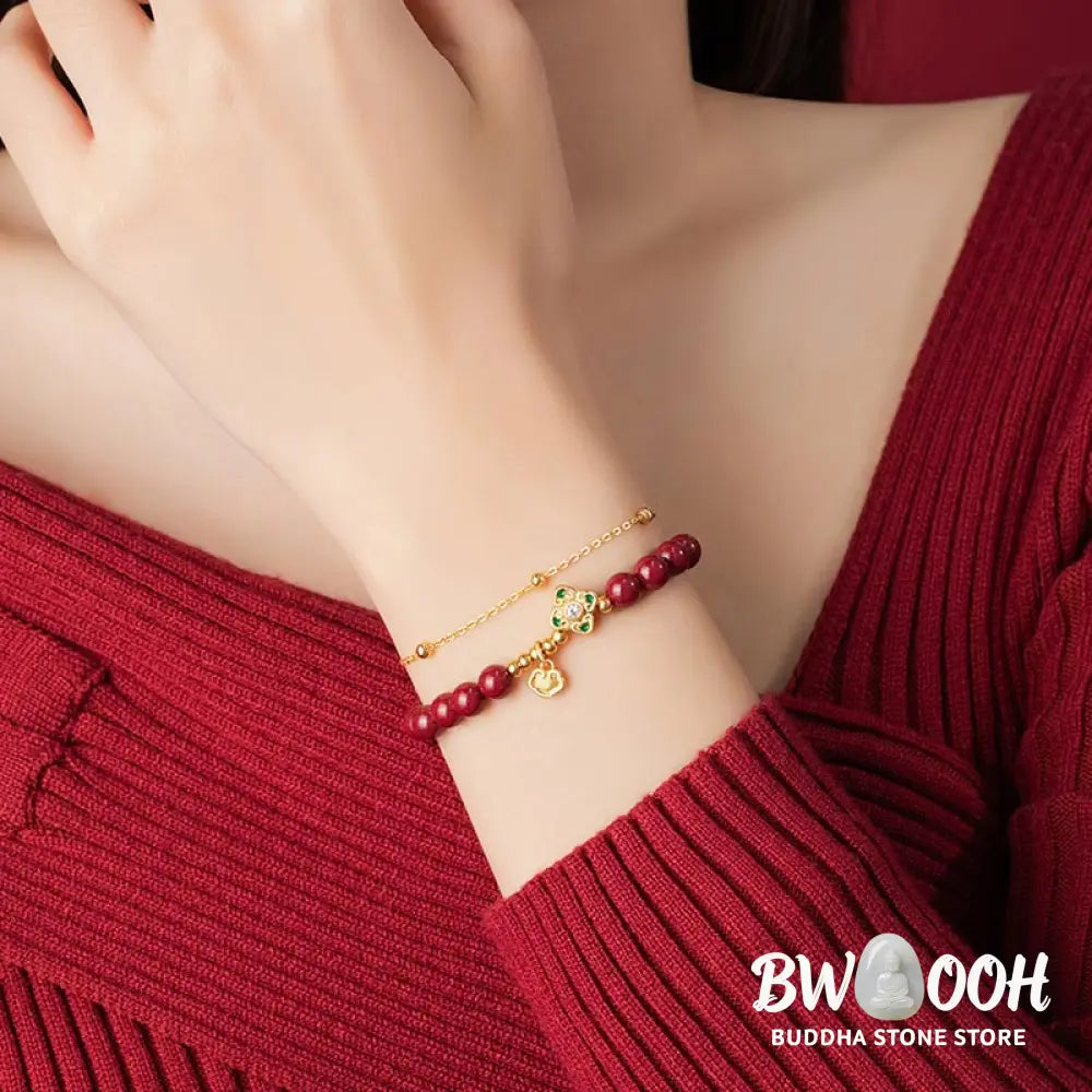 Buddha Stones 925 Sterling Silver Natural Cinnabar Four Leaf Clover Flower Blessing Chain Bracelet - BWOOOH - 14-15cm