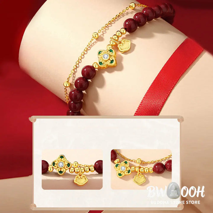 Buddha Stones 925 Sterling Silver Natural Cinnabar Four Leaf Clover Flower Blessing Chain Bracelet - BWOOOH - 14-15cm