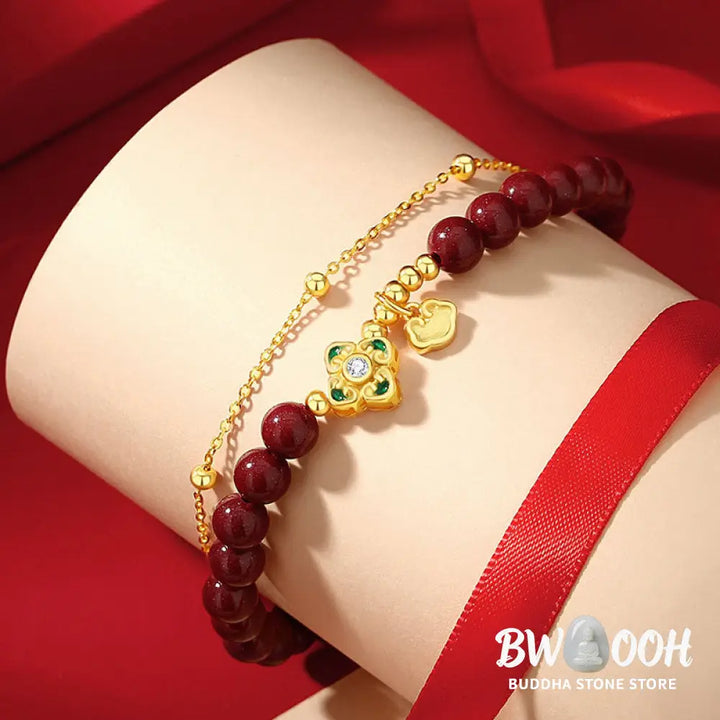 Buddha Stones 925 Sterling Silver Natural Cinnabar Four Leaf Clover Flower Blessing Chain Bracelet - BWOOOH - 14-15cm