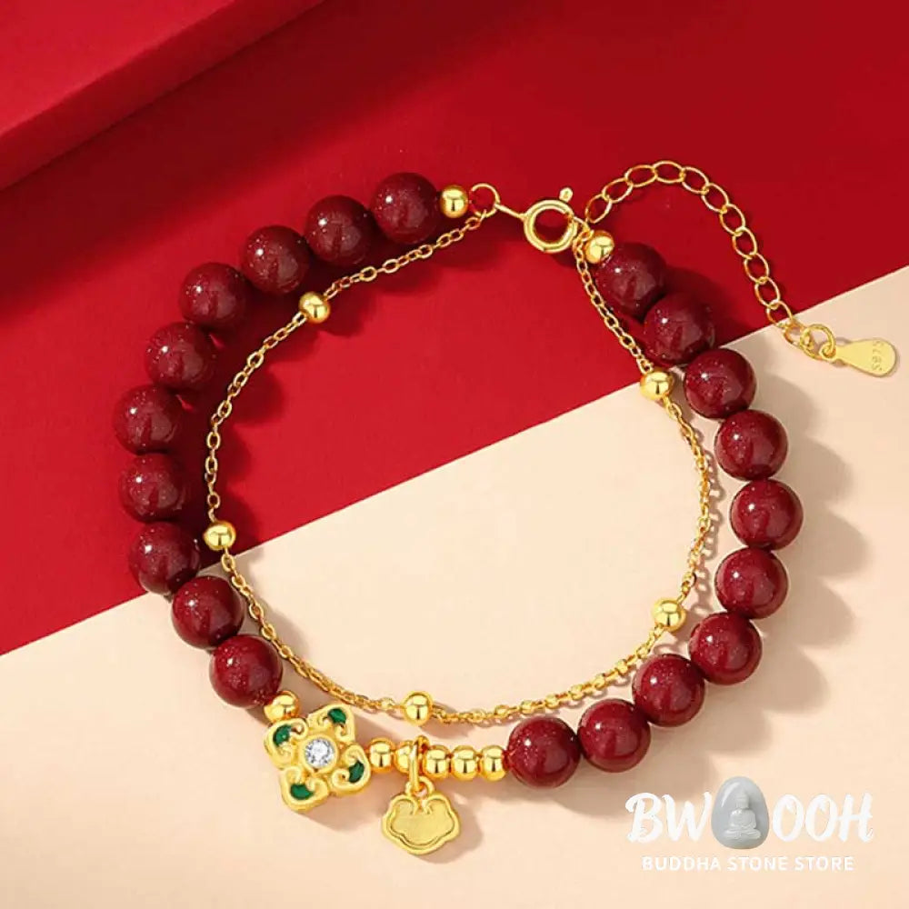 Buddha Stones 925 Sterling Silver Natural Cinnabar Four Leaf Clover Flower Blessing Chain Bracelet - BWOOOH - 14-15cm