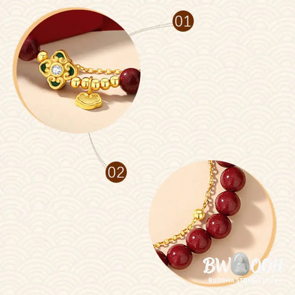 Buddha Stones 925 Sterling Silver Natural Cinnabar Four Leaf Clover Flower Blessing Chain Bracelet - BWOOOH - 14-15cm