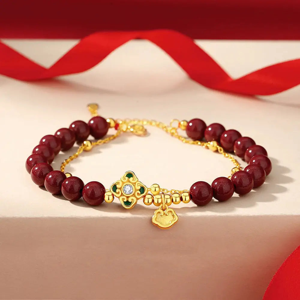 BWOOOH 925 Sterling Silver Natural Cinnabar Four Leaf Clover Flower Blessing Chain Bracelet - BWOOOH - 14-15cm