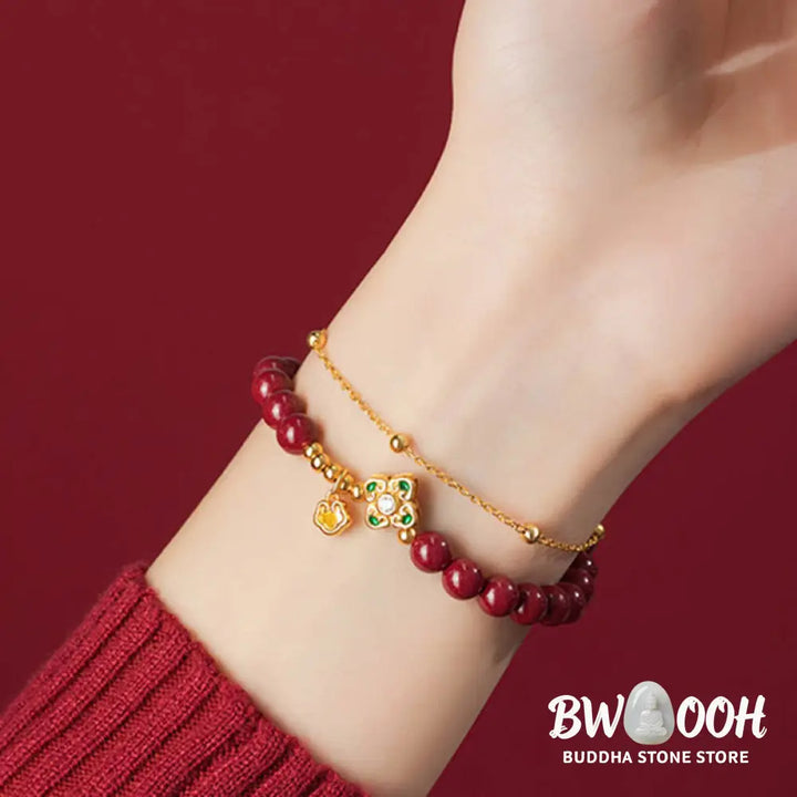 Buddha Stones 925 Sterling Silver Natural Cinnabar Four Leaf Clover Flower Blessing Chain Bracelet - BWOOOH - 14-15cm