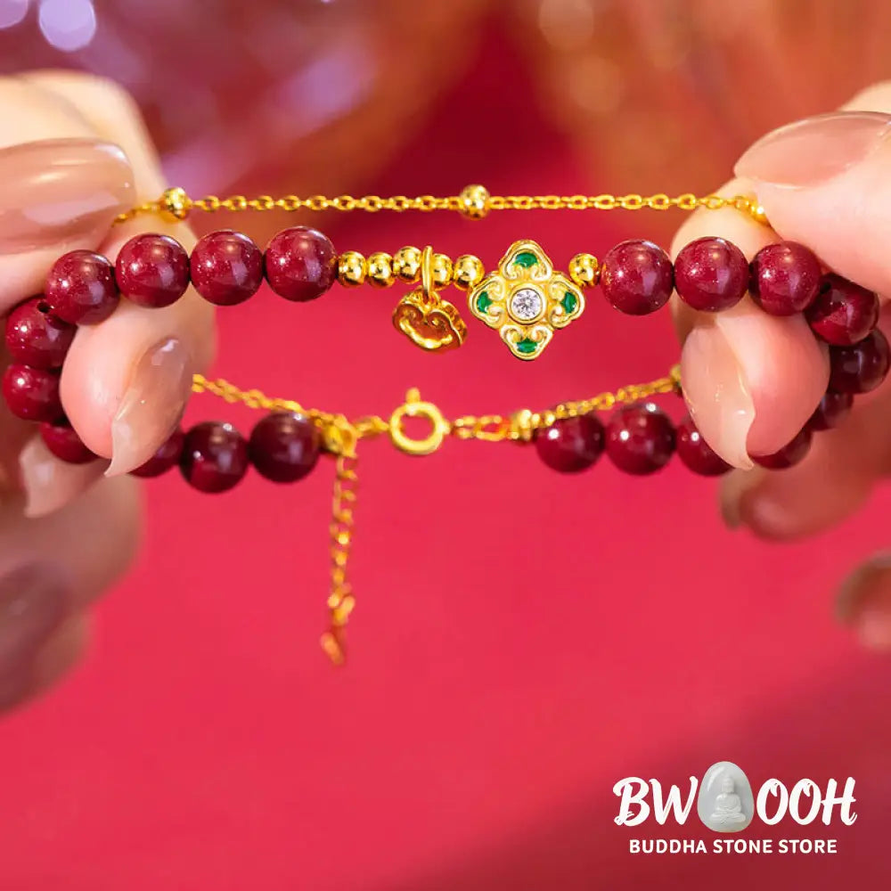 Buddha Stones 925 Sterling Silver Natural Cinnabar Four Leaf Clover Flower Blessing Chain Bracelet - BWOOOH - 14-15cm