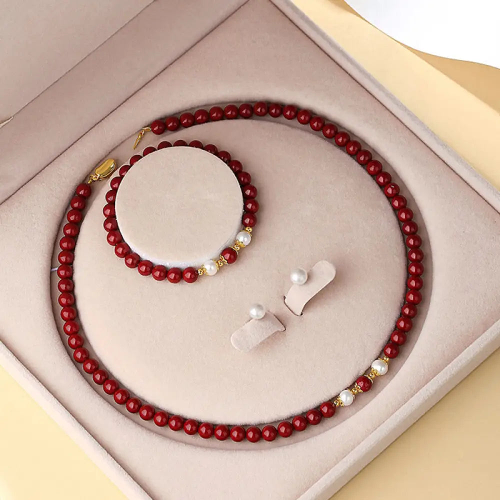 BWOOOH 925 Sterling Silver Natural Cinnabar Pearl Blessing Necklace Pendant Bracelet Earrings Jewelry Set
