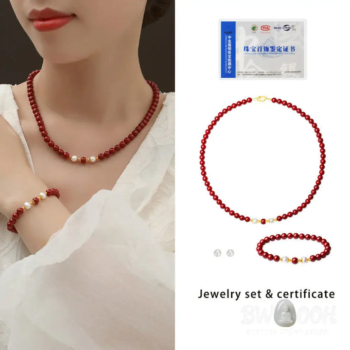 Buddha Stones 925 Sterling Silver Natural Cinnabar Pearl Blessing Necklace Pendant Bracelet Earrings Jewelry Set