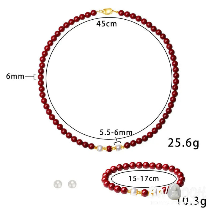 Buddha Stones 925 Sterling Silver Natural Cinnabar Pearl Blessing Necklace Pendant Bracelet Earrings Jewelry Set