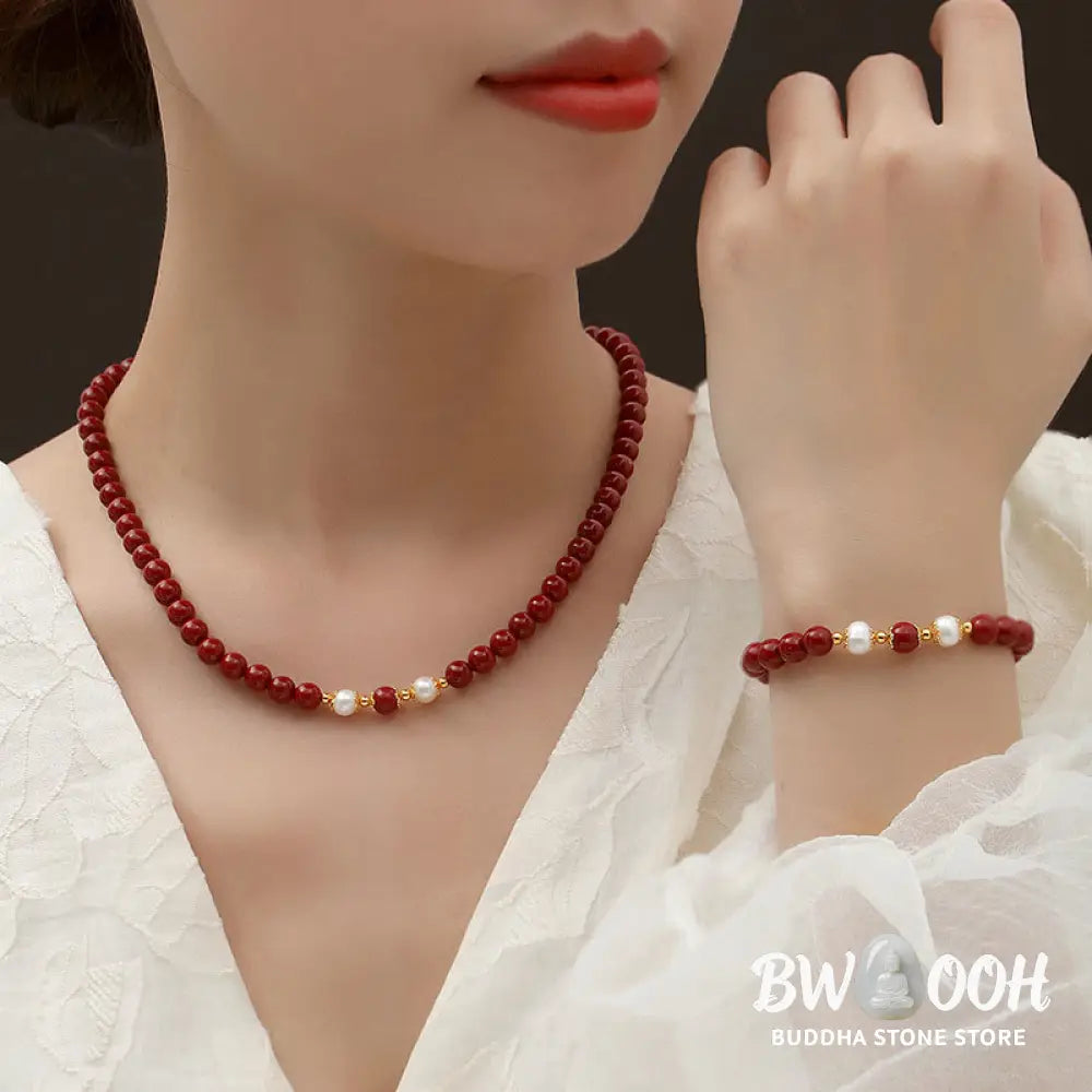 Buddha Stones 925 Sterling Silver Natural Cinnabar Pearl Blessing Necklace Pendant Bracelet Earrings Jewelry Set