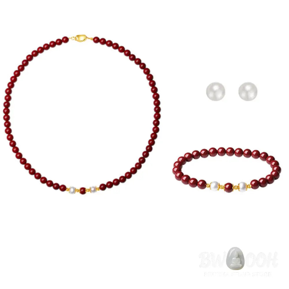 Buddha Stones 925 Sterling Silver Natural Cinnabar Pearl Blessing Necklace Pendant Bracelet Earrings Jewelry Set