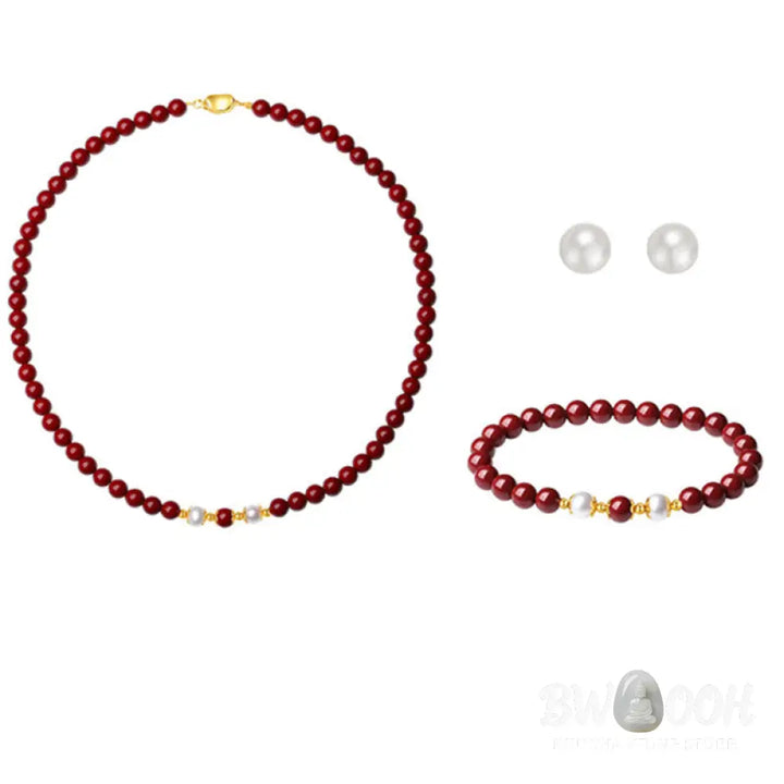 Buddha Stones 925 Sterling Silver Natural Cinnabar Pearl Blessing Necklace Pendant Bracelet Earrings Jewelry Set