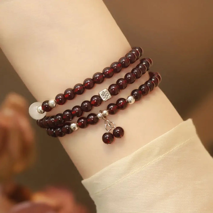 BWOOOH 925 Sterling Silver Natural Garnet Cat Eye Protection Triple Wrap Bracelet - BWOOOH - 14cm - Bracelet