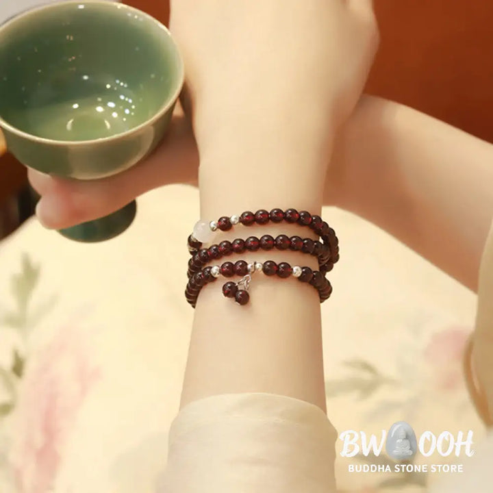 Buddha Stones 925 Sterling Silver Natural Garnet Cat Eye Protection Triple Wrap Bracelet - BWOOOH - Bracelet