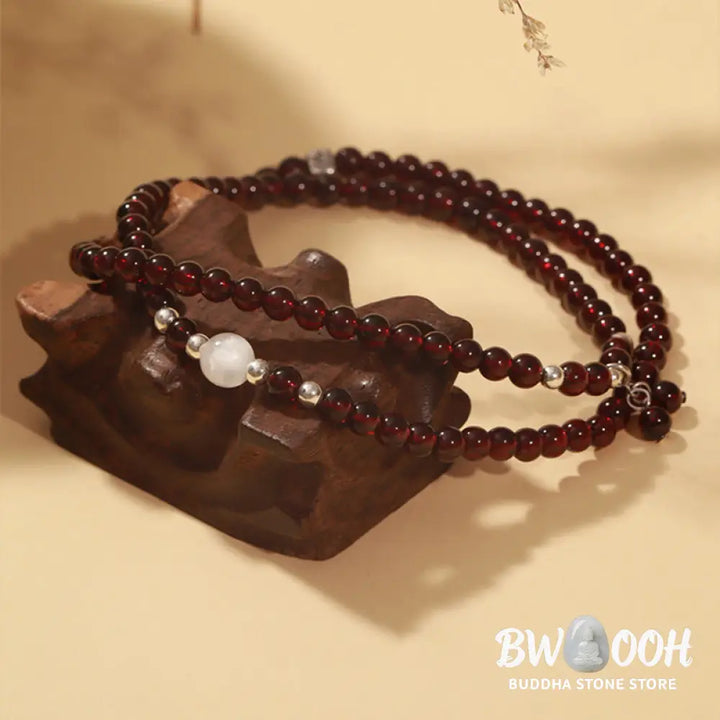 Buddha Stones 925 Sterling Silver Natural Garnet Cat Eye Protection Triple Wrap Bracelet - BWOOOH - Bracelet
