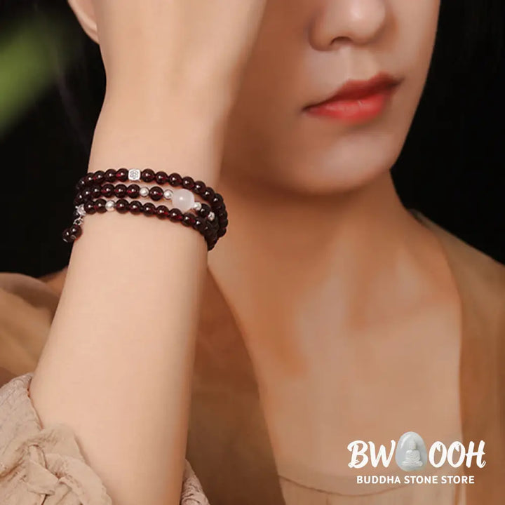Buddha Stones 925 Sterling Silver Natural Garnet Cat Eye Protection Triple Wrap Bracelet - BWOOOH - Bracelet