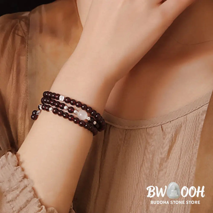 Buddha Stones 925 Sterling Silver Natural Garnet Cat Eye Protection Triple Wrap Bracelet - BWOOOH - Bracelet