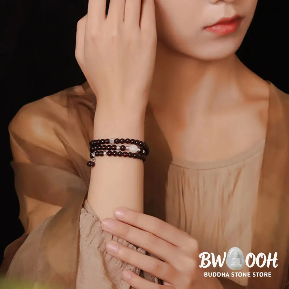 Buddha Stones 925 Sterling Silver Natural Garnet Cat Eye Protection Triple Wrap Bracelet - BWOOOH - Bracelet
