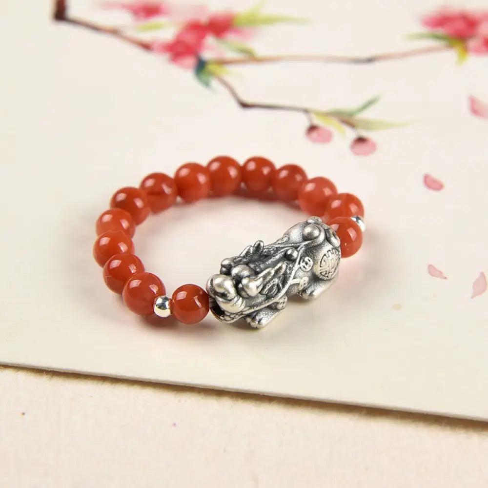 Buddha Stones 925 Sterling Silver Natural Garnet Moonstone Red Agate PiXiu Wealth Ring - BWOOOH - Red Agate PiXiu - Ring