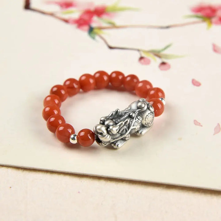 Buddha Stones 925 Sterling Silver Natural Garnet Moonstone Red Agate PiXiu Wealth Ring - BWOOOH - Red Agate PiXiu - Ring