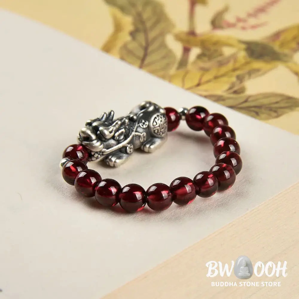 Buddha Stones 925 Sterling Silver Natural Garnet Moonstone Red Agate PiXiu Wealth Ring - BWOOOH - Ring