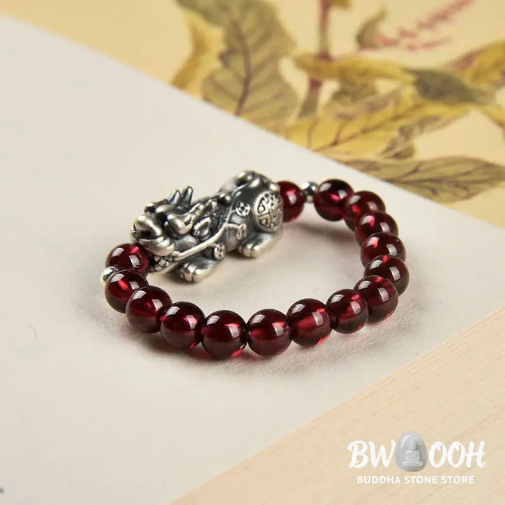 Buddha Stones 925 Sterling Silver Natural Garnet Moonstone Red Agate PiXiu Wealth Ring - BWOOOH - Ring