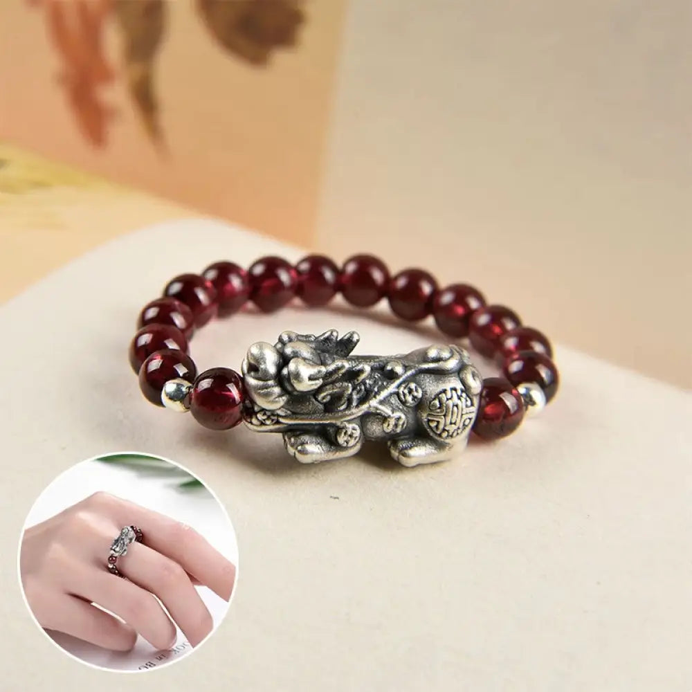 BWOOOH 925 Sterling Silver Natural Garnet Moonstone Red Agate PiXiu Wealth Ring — Sterling Silver feng shui bracelet for s...