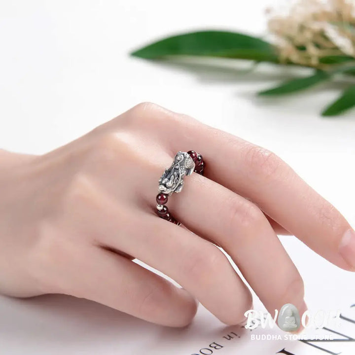 Buddha Stones 925 Sterling Silver Natural Garnet Moonstone Red Agate PiXiu Wealth Ring - BWOOOH - Ring