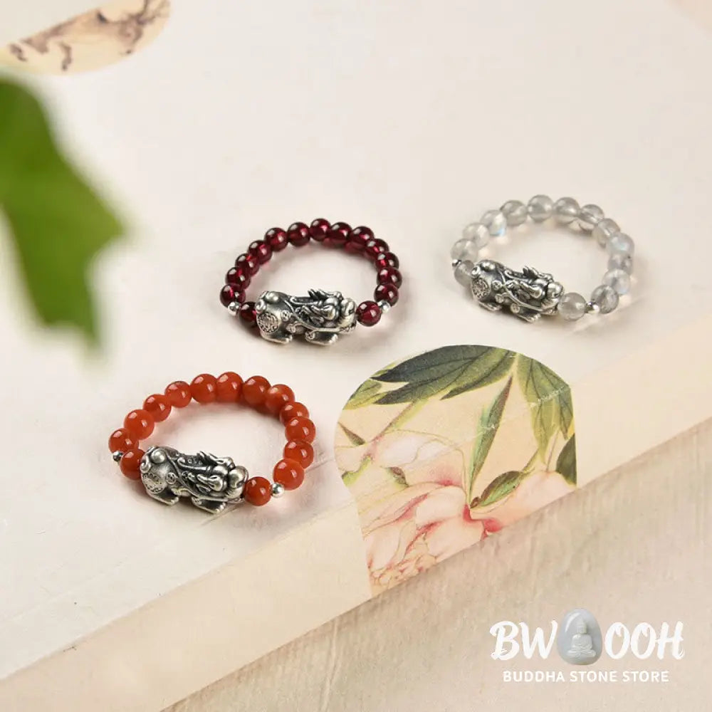 Buddha Stones 925 Sterling Silver Natural Garnet Moonstone Red Agate PiXiu Wealth Ring - BWOOOH - Ring