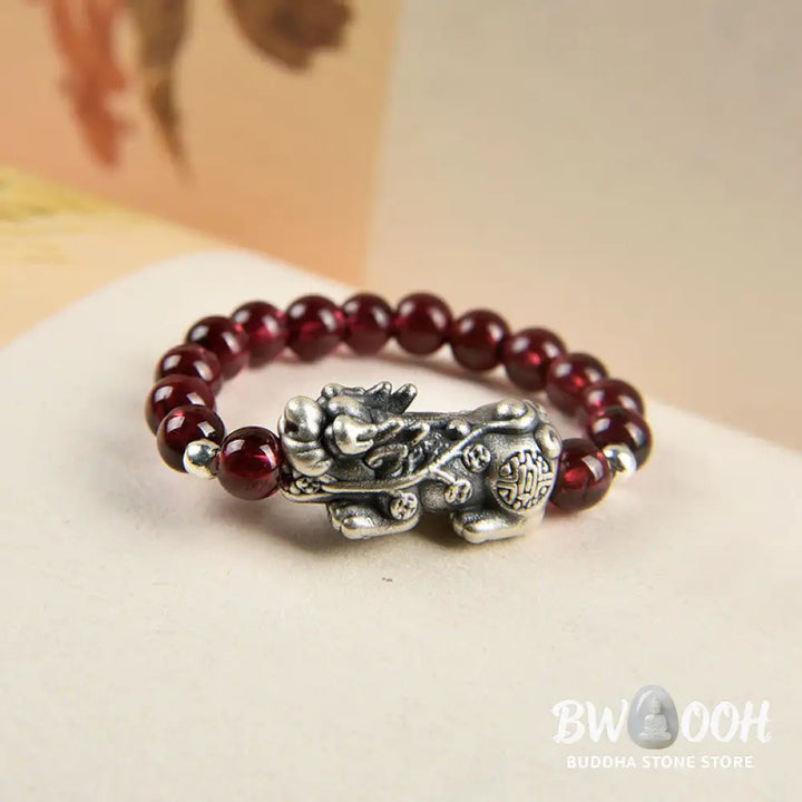 Buddha Stones 925 Sterling Silver Natural Garnet Moonstone Red Agate PiXiu Wealth Ring - BWOOOH - Ring